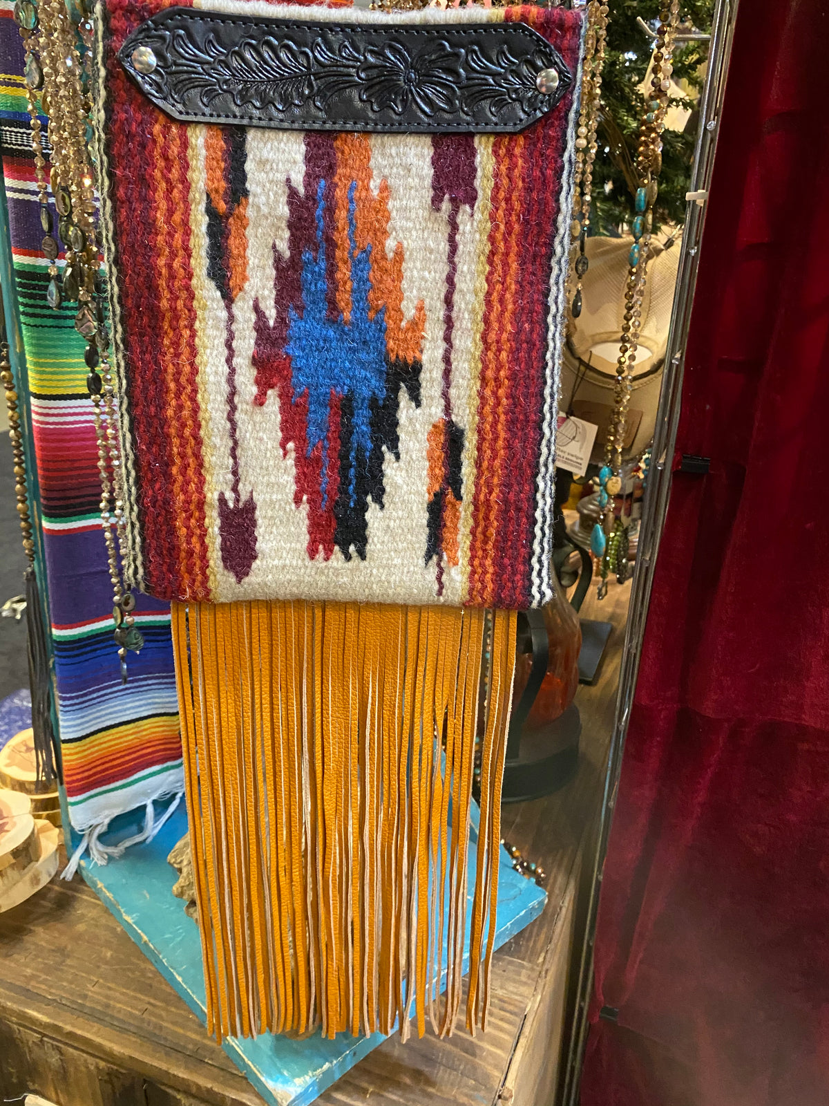 Spirit of the South Saddle Blanket & Leather Fringe Crossbody with Tooled Leather Strip JJ