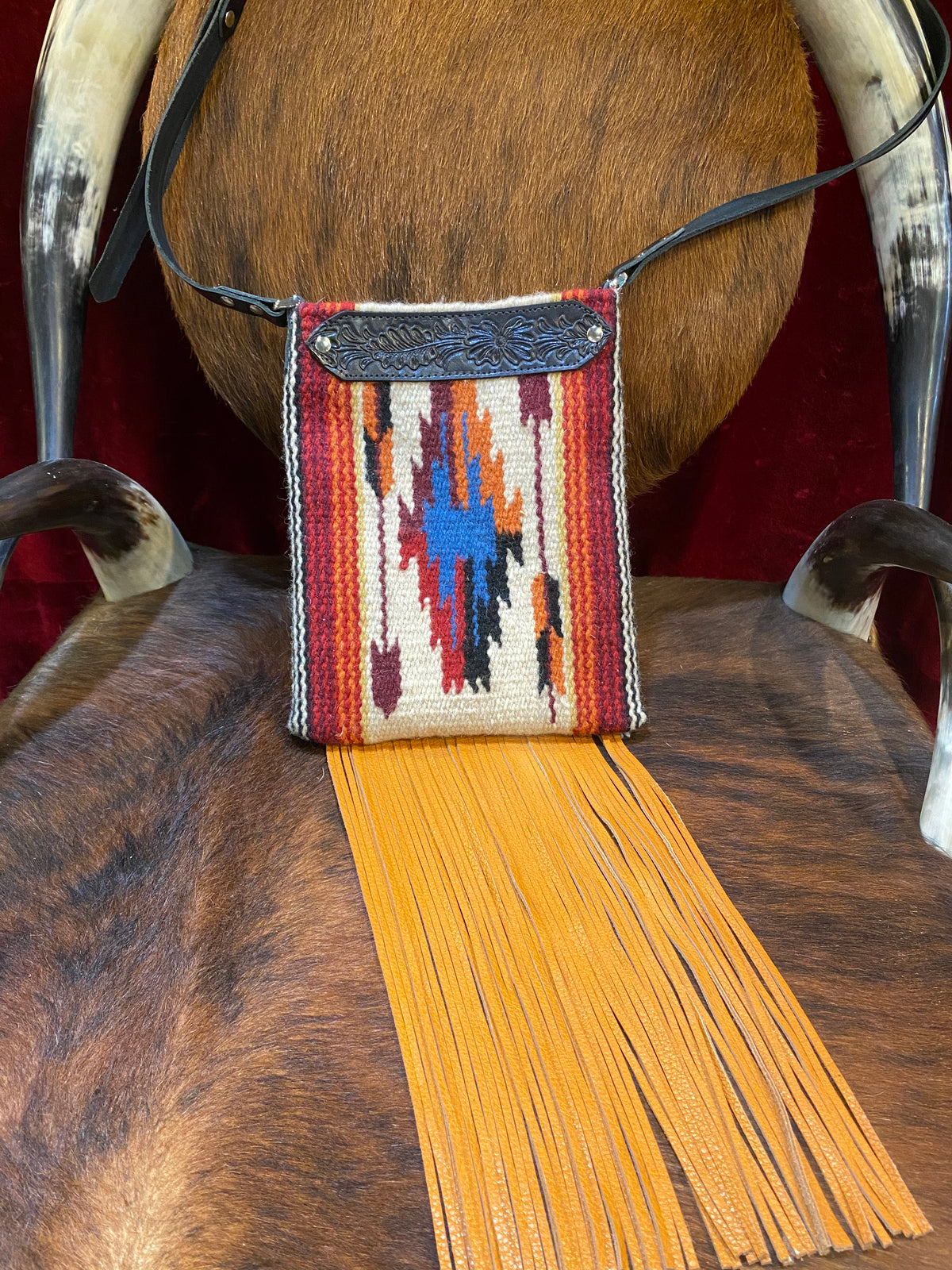 Spirit of the South Saddle Blanket & Leather Fringe Crossbody with Tooled Leather Strip JJ