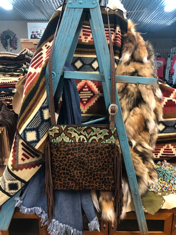 Wilder Upside Downtown (Body) Laredo Turquoise Brown Embossed leather and  Leopard Hair on Hide Crossbody