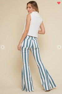 Boho Cream & Deep Teal Striped Denim Stretchy Flares