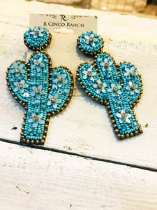 Floral Cactus Seed Bead and Rhinestone Turquoise Earrings