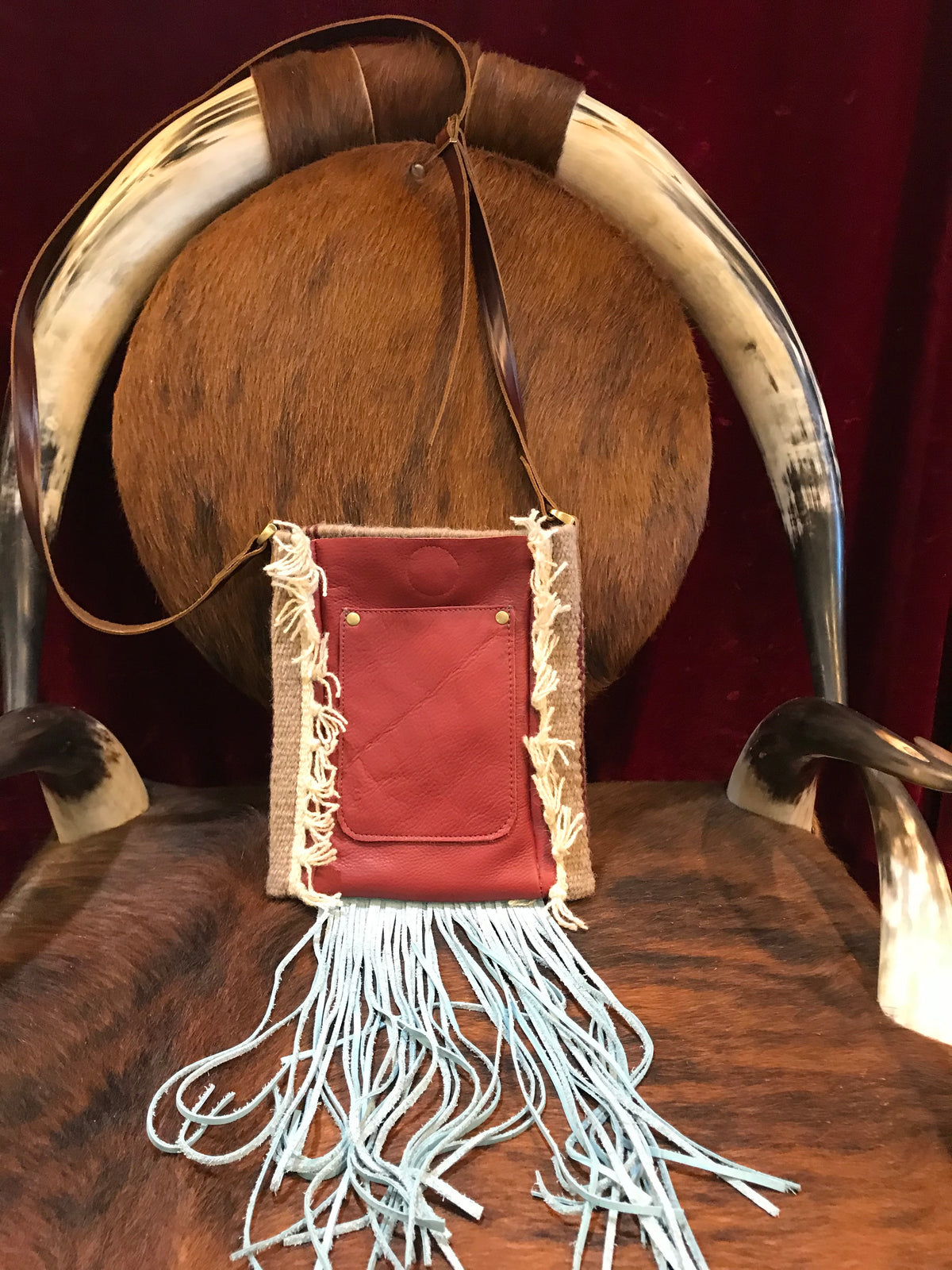 Spirit of the South Saddle Blanket & Leather Fringe Crossbody with Tooled Leather Strip GG