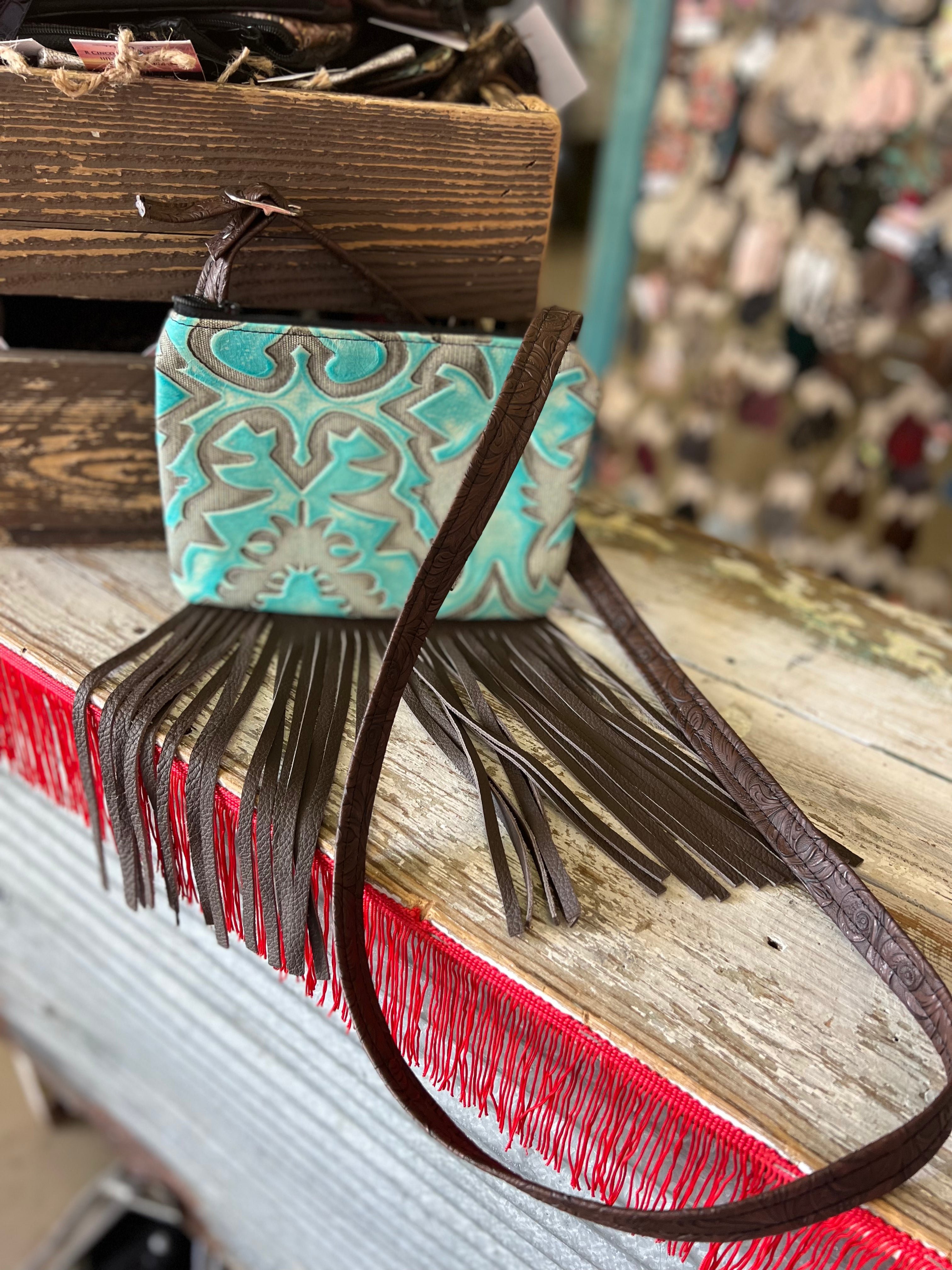 Turquoise Laredo Embossed Leather crossbody w/Tassels