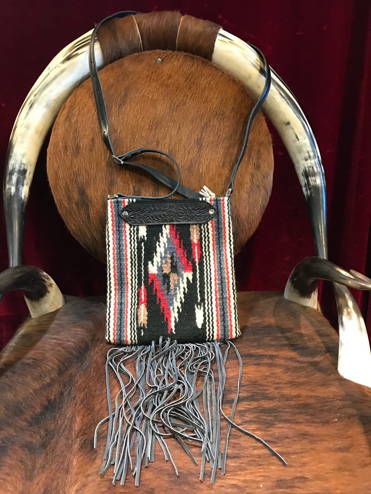 Spirit of the South Saddle Blanket & Leather Fringe Crossbody with Tooled Leather Strip EE