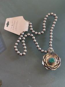 Tibetan Silver & Genuine Turquoise Flower on Navaho Pearls