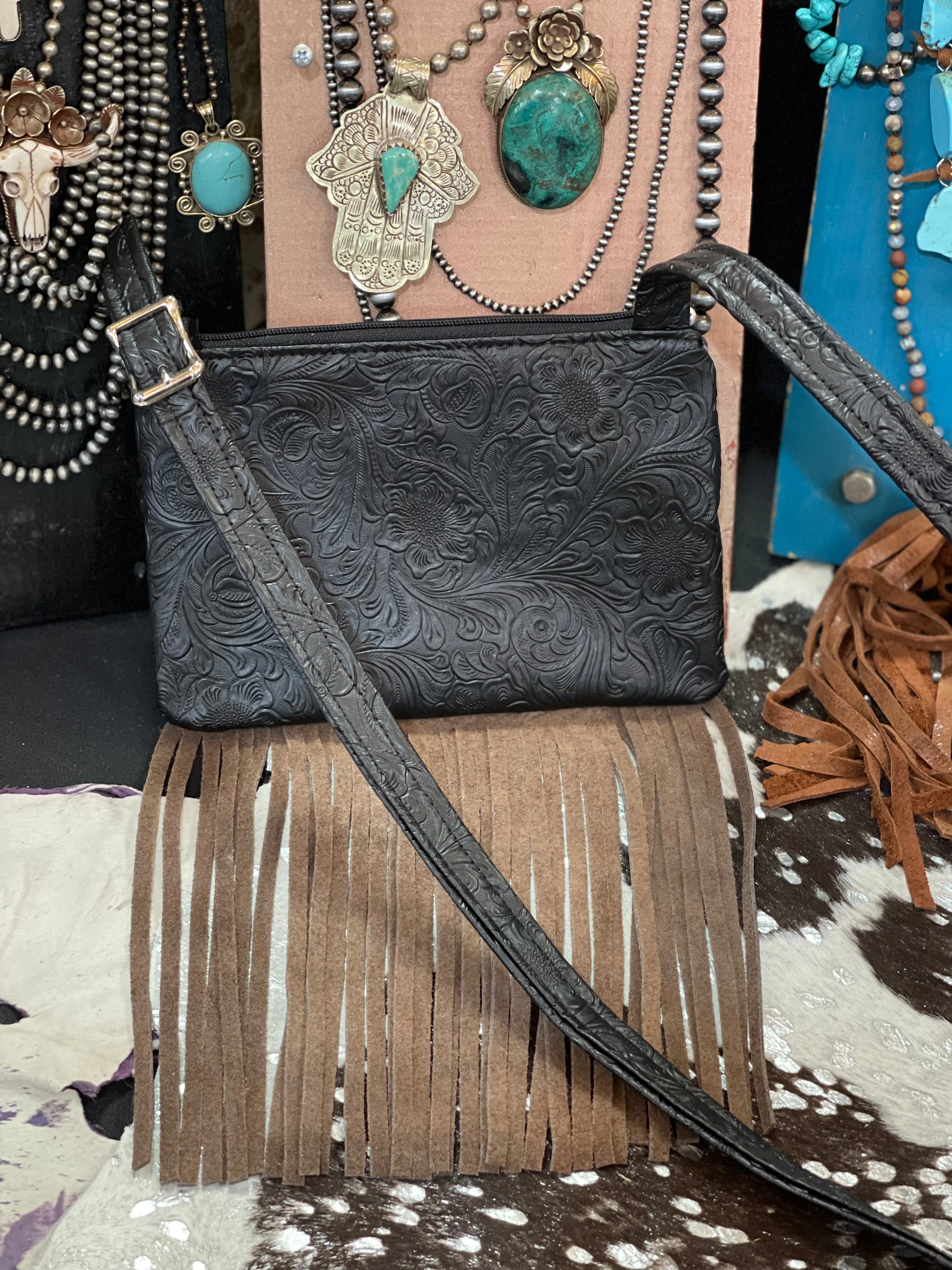 Longhorn Turq on Brown Embossed Leather crossbody w/Tassels