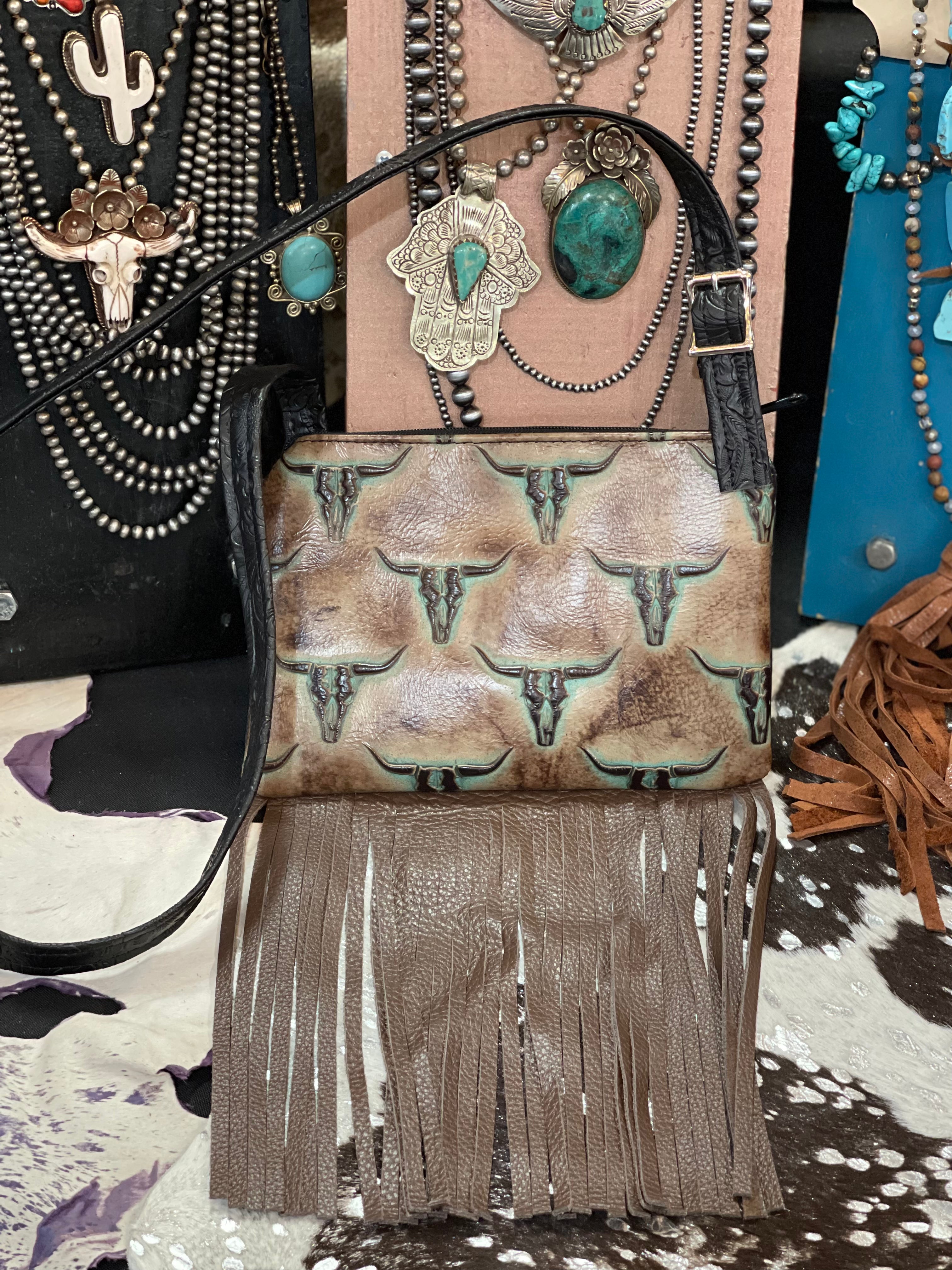 Longhorn Turq on Brown Embossed Leather crossbody w/Tassels