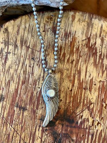 Feather Mother of Pearl and Silver Necklace