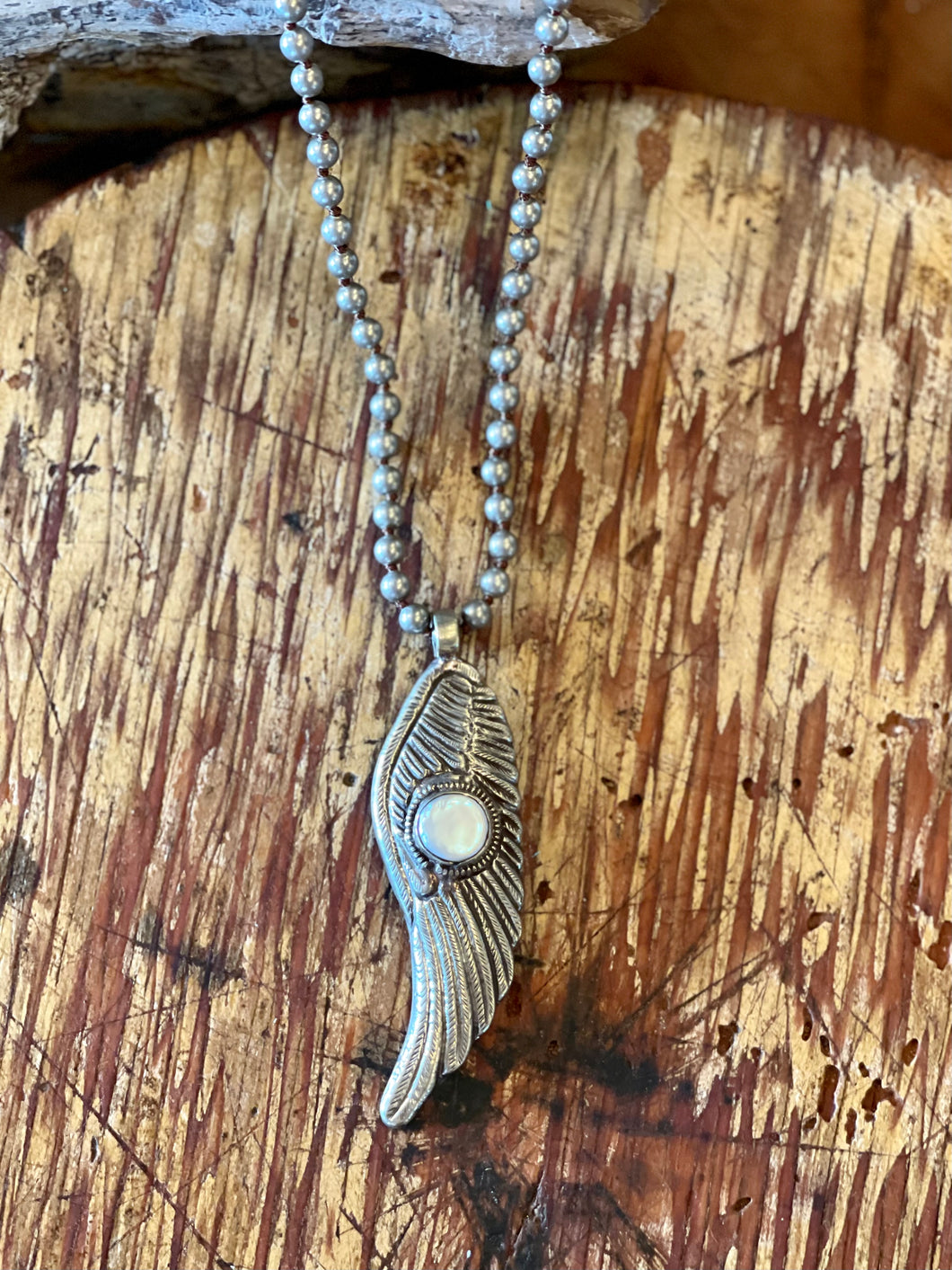 Feather Mother of Pearl and Silver Necklace